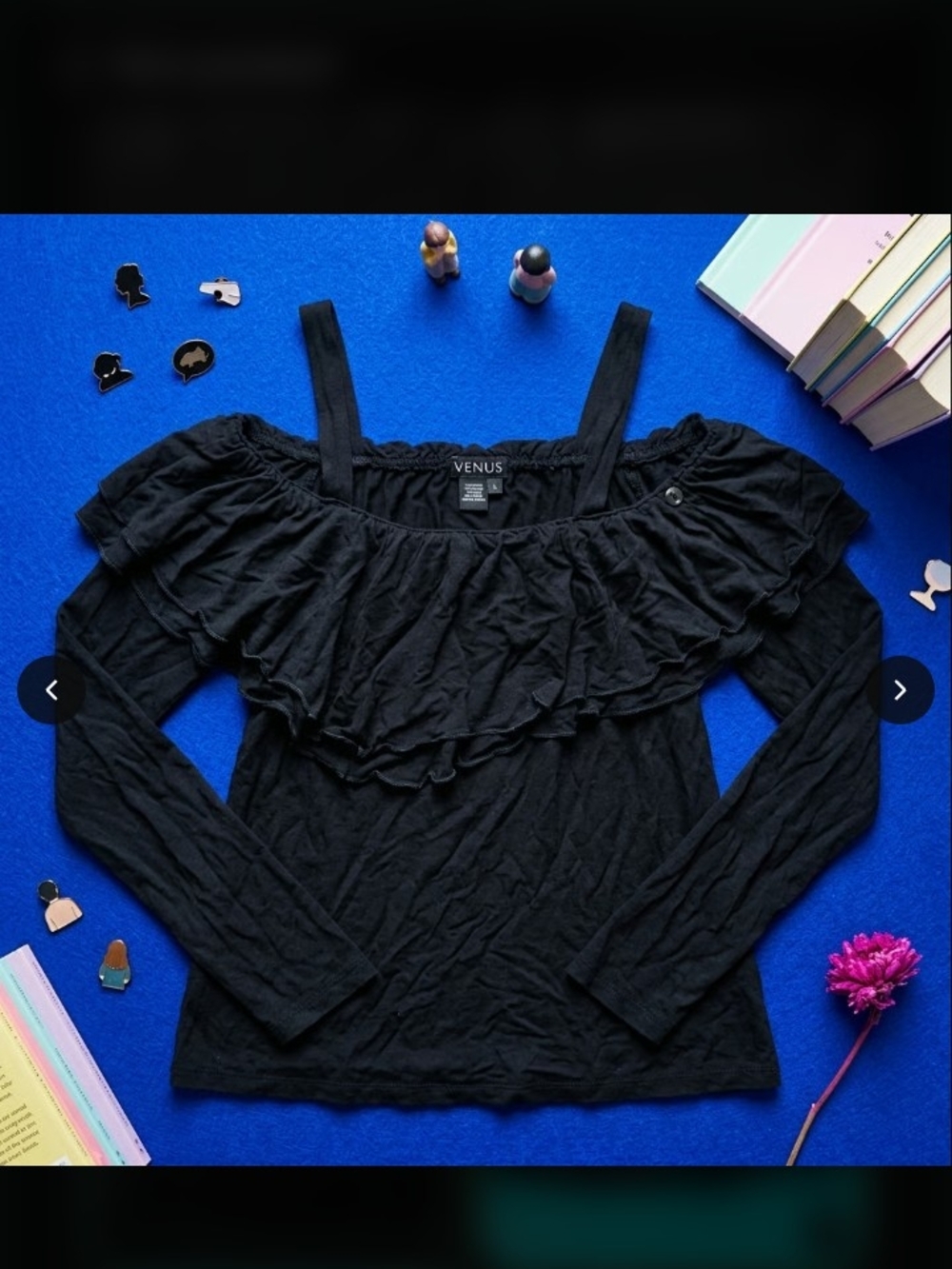 Venus Black Off-Shoulder Ruffle Long-Sleeve Top